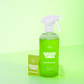 GreenTabs Multipurpose Spray with single tab and  forever bottle sitting in front of green backdrop